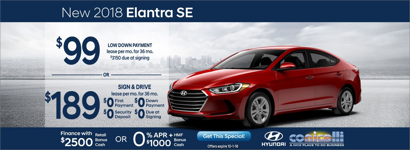 $99/mo. or $189/mo. leases a New 2018 Hyundai Elantra SE at Conicelli Hyundai in Conshohocken! Click or call 1-888-Conicelli...