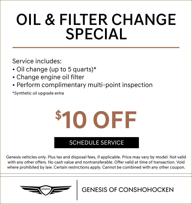 $10 Off Oil & Filter Change at Genesis of Conshohocken! Click to schedule service...