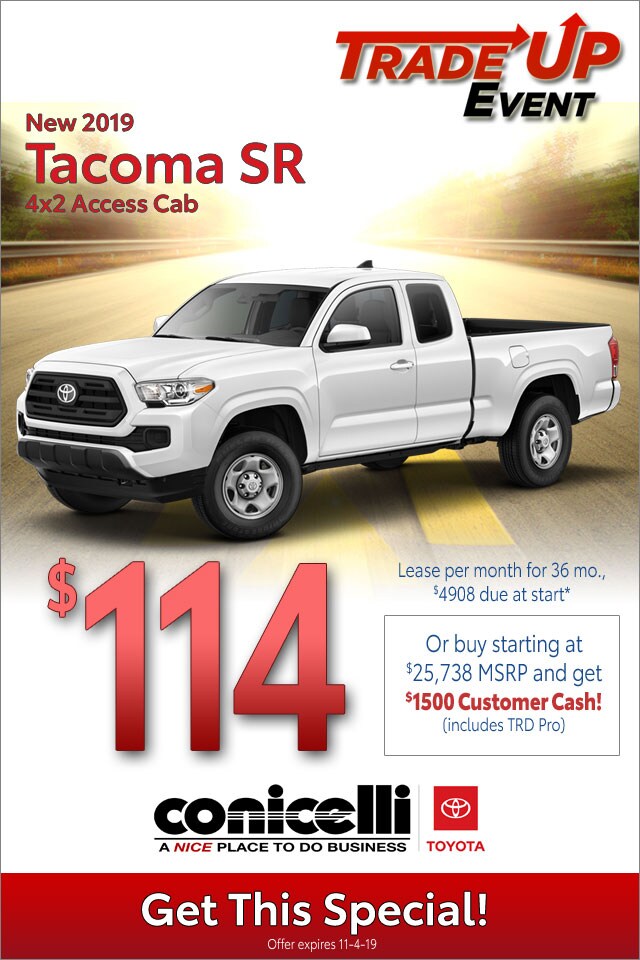 $114/mo. leases a New 2019 Tacoma SR 4x2 Access Cab at Conicelli Toyota - Click for details...