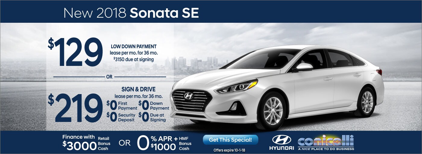 $129/mo. or $219/mo. leases a New 2018 Sonata SE at Conicelli Hyundai in Conshohocken! Click or call 1-888-Conicelli...