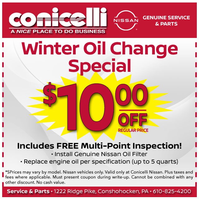 Save $10 off regular price for Winter Oil Change Special at Conicelli Nissan! Click to schedule service...