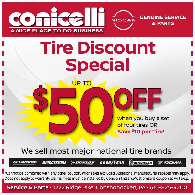 Up to $50 Off a set of 4 tires at Conicelli Nissan! Click to schedule service...