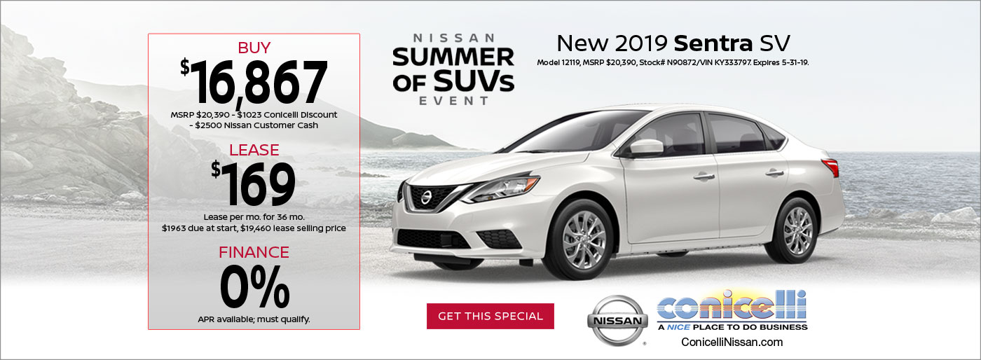 $169/mo. leases a New 2019 Nissan Sentra SV at Conicelli Nissan. Click or call 1-888-Conicelli now!