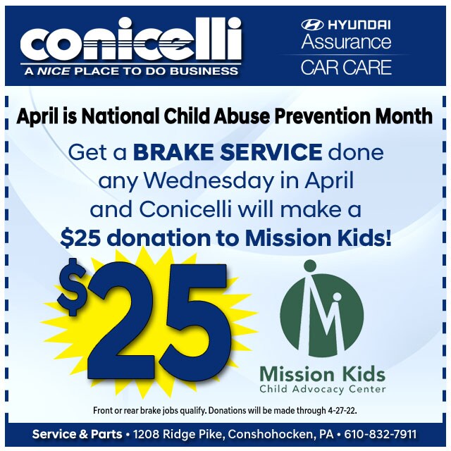 $25 donation to Mission Kids with any Brake Service on Wednesday in Aprill at Conicelli Hyundai! Click to schedule service...