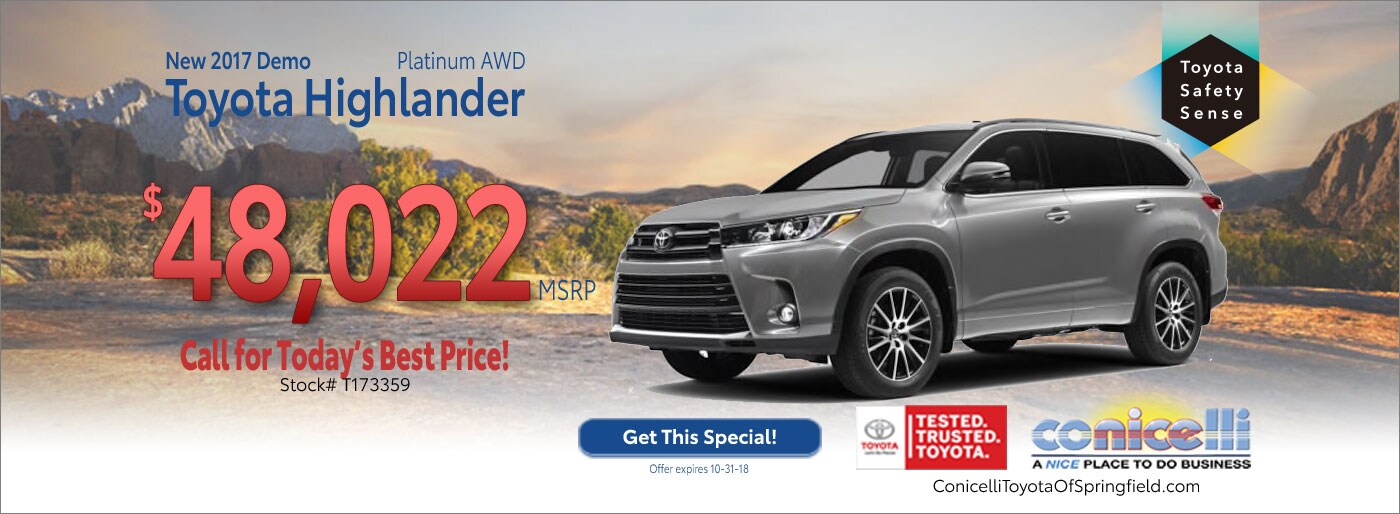 Buy this New 2017 Demo Toyota Highlander Platinum AWD at Conicelli Toyota of Springfield. Call 1-877-740-4031.