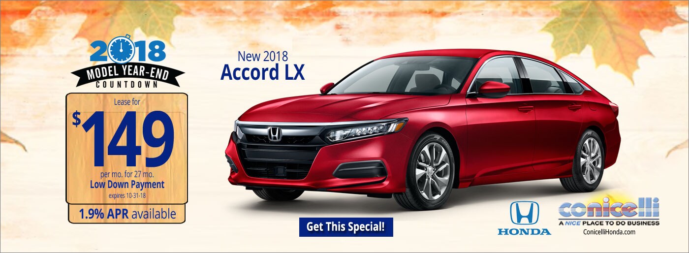 $149/mo. leases a New 2018 Honda Accord LX at Conicelli Honda in Conshohocken! Click or call 1-888-Conicelli...