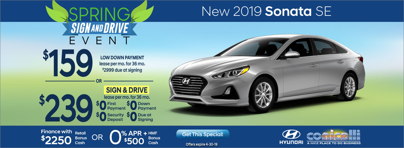 $159/mo. or $239/mo. leases a New 2019 Hyundai Sonata SE at Conicelli Hyundai in Conshohocken! Click or call 1-888-Conicelli...