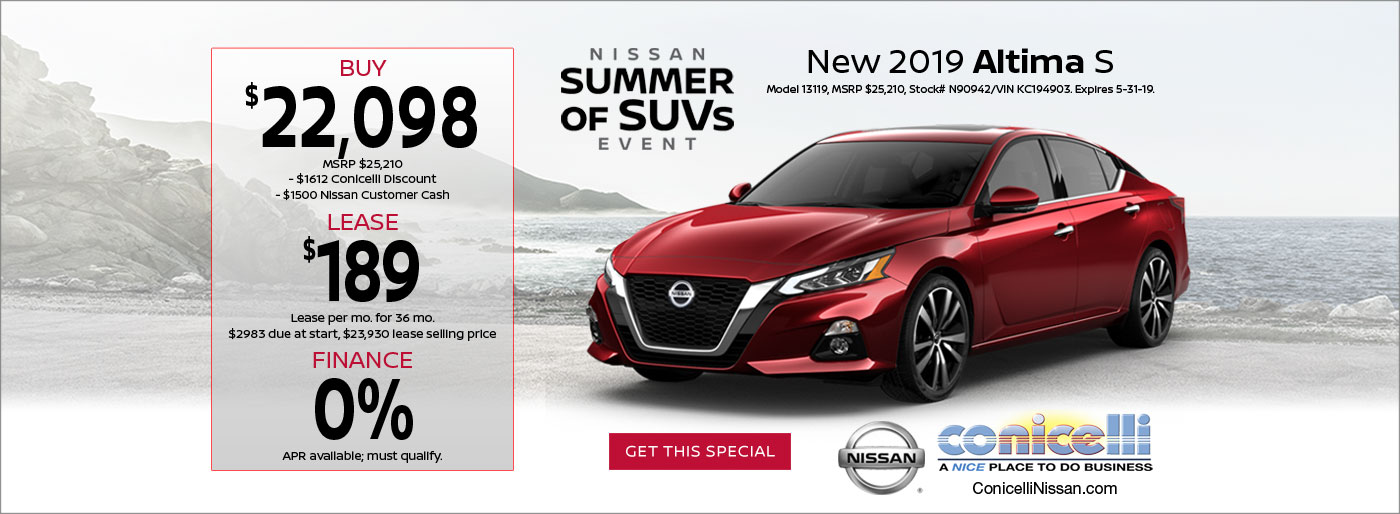 $189/mo. leases a New 2019 Nissan Altima S at Conicelli Nissan. Click or call 1-888-Conicelli now!