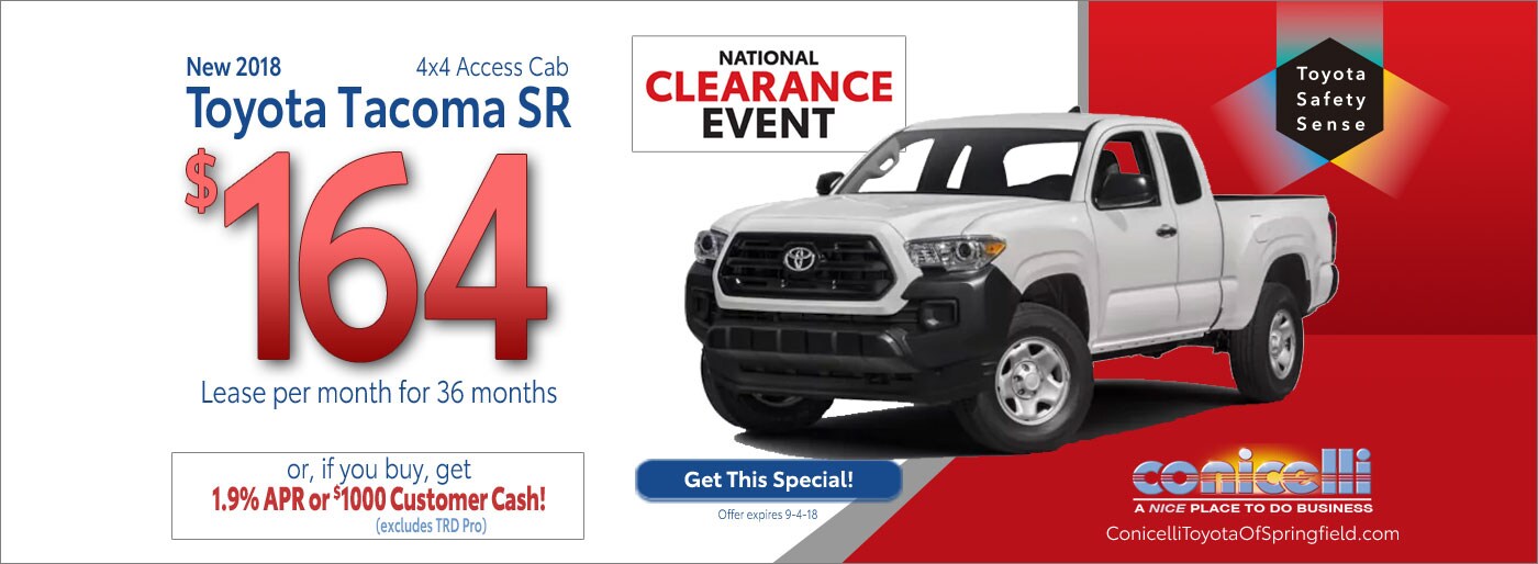 $164/mo. leases a New 2018 Toyota Tacoma SR 4x4 Access Cab at Conicelli Toyota of Springfield. Call 1-877-740-4031.