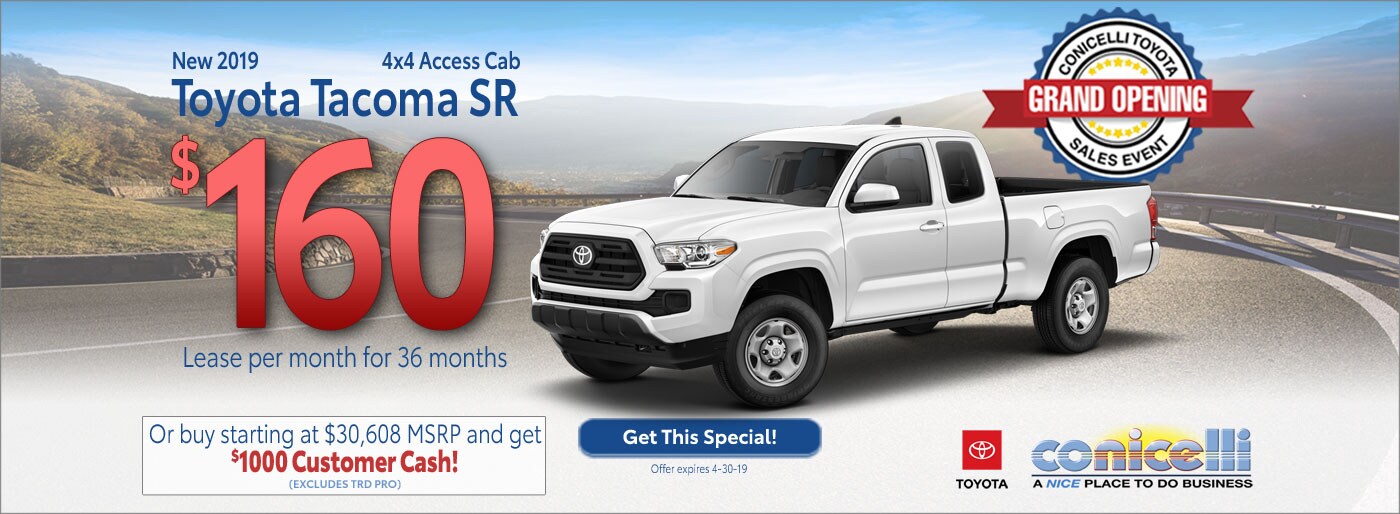$160/mo. leases a New 2019 Toyota Tacoma SR 4x4 Access Cab at Conicelli Toyota - Click for details...