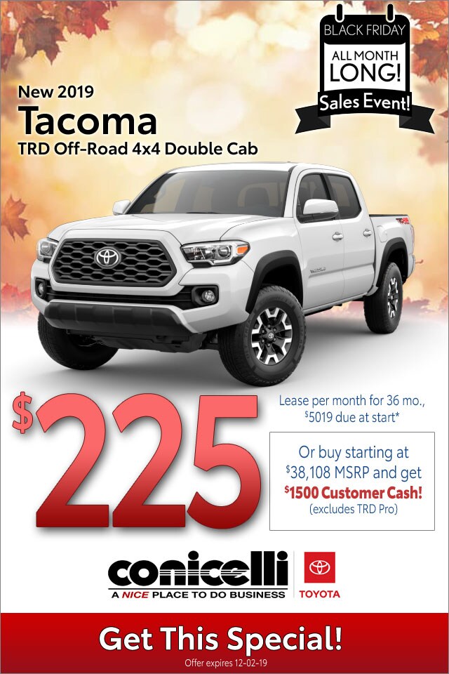 $225/mo. leases a New 2019 Tacoma TRD Off-Road 4x4 Double Cab at Conicelli Toyota - Click for details...