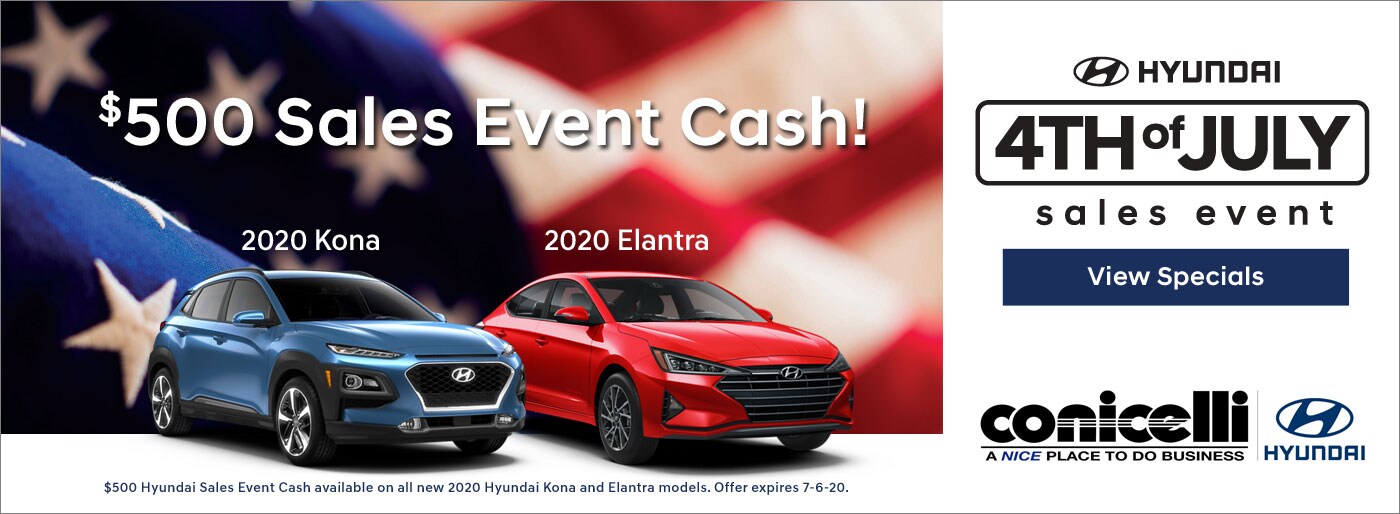 $500 Sales Event Cash on 2020 Elantra & Kona models at Conicelli Hyundai! Click to shop new Hyundai Specials...