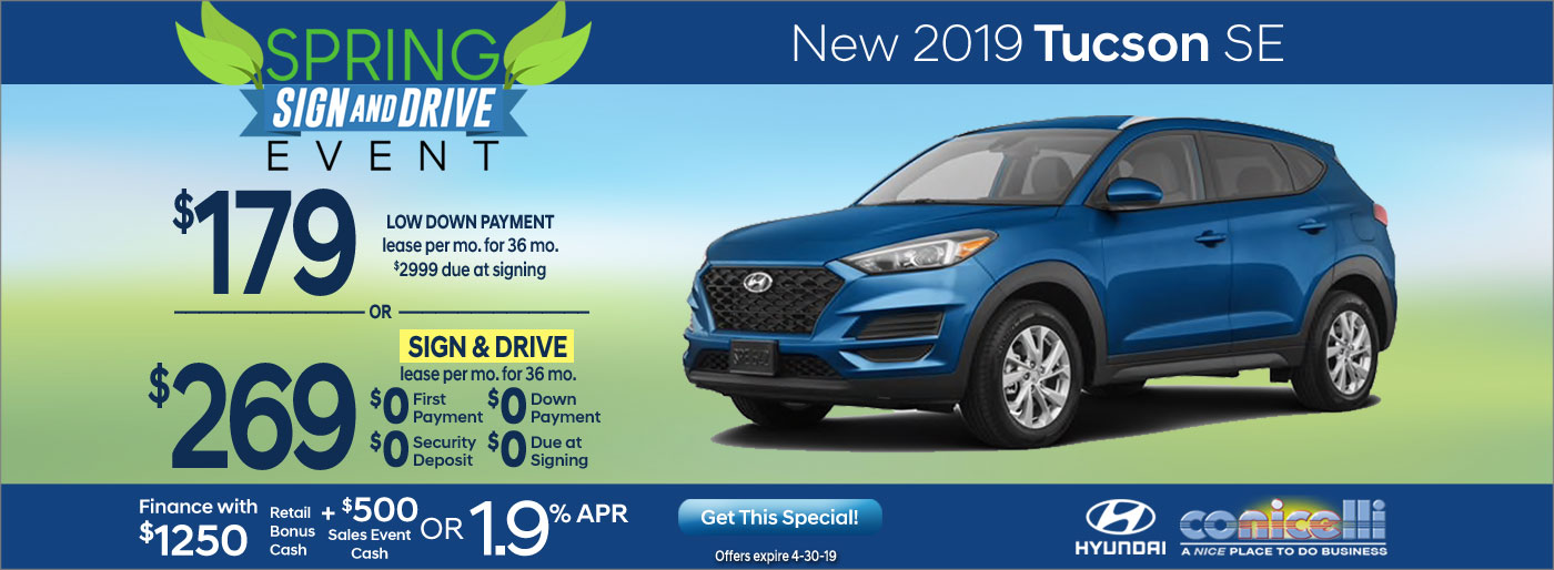 $179/mo. or $269/mo. leases a New 2019 Hyundai Tucson SE at Conicelli Hyundai in Conshohocken! Click or call 1-888-Conicelli...
