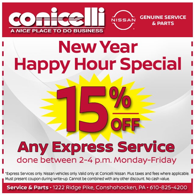 Happy Hour! 15% Off any Express Service between 2-4 p.m. Mon-Fri at Conicelli Nissan! Click to schedule service...