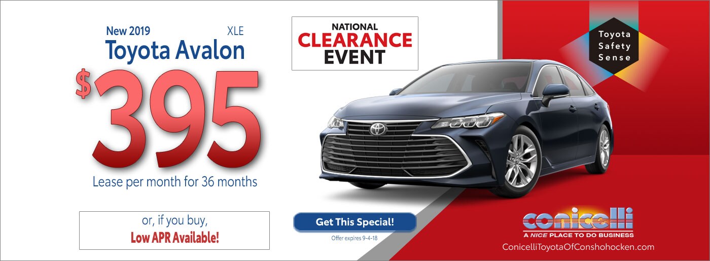 $395/mo. leases a New 2019 Toyota Avalon XLE at Conicelli Toyota of Springfield. Call 1-877-740-4031.