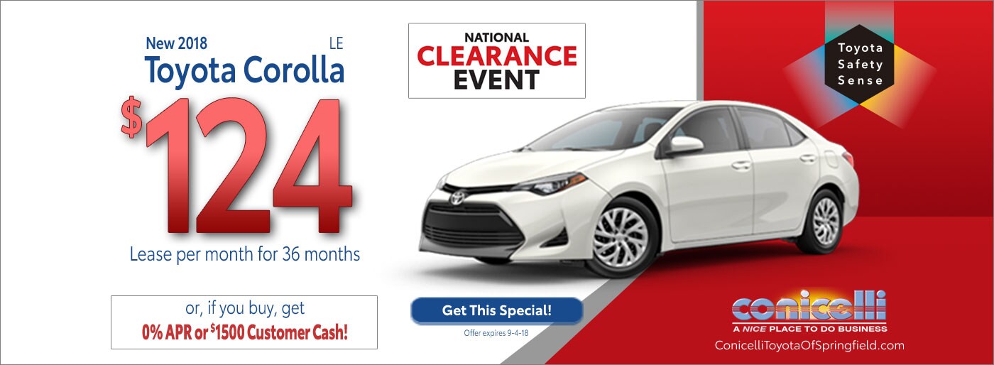 $124/mo. leases a New 2018 Toyota Corolla LE at Conicelli Toyota of Springfield. Call 1-877-740-4031.