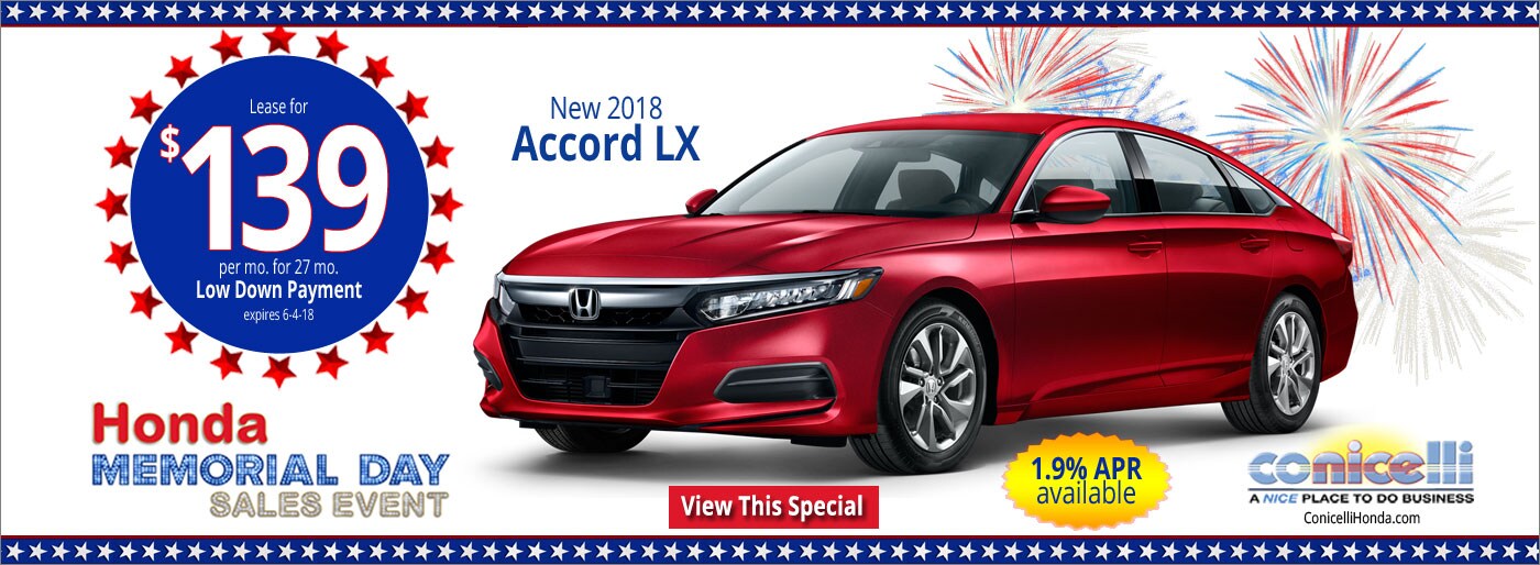 $139/mo. leases a New 2018 Accord LX at Conicelli Honda in Conshohocken! Click for our latest Specials...
