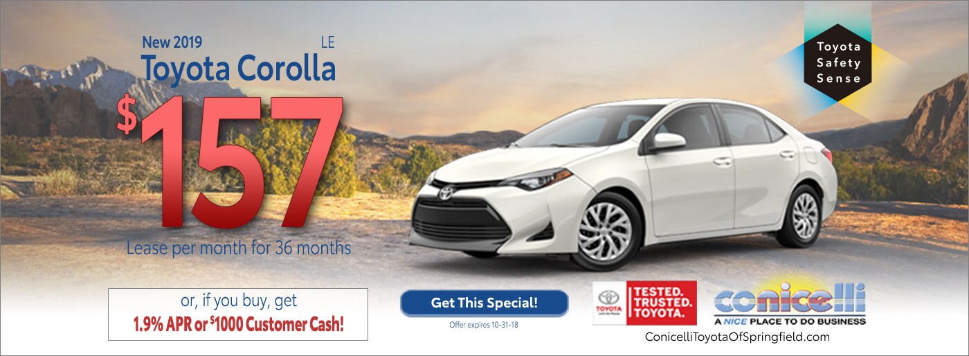 $157/mo. leases a New 2019 Toyota Corolla LE at Conicelli Toyota of Springfield. Call 1-877-740-4031.