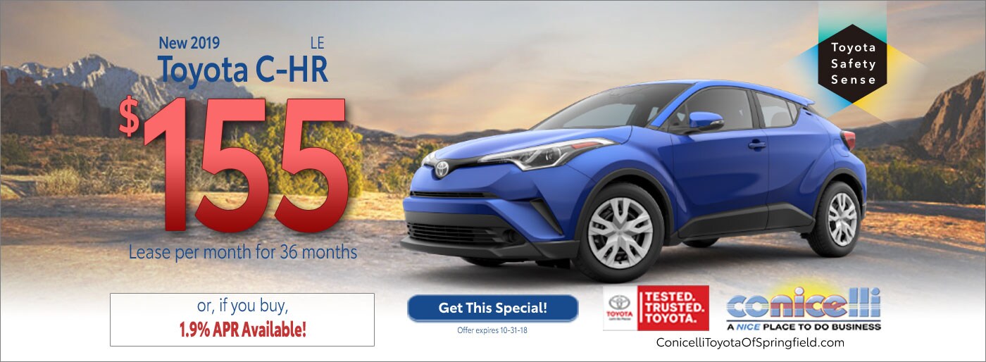 $155/mo. leases a New 2019 Toyota C-HR LE at Conicelli Toyota of Springfield. Call 1-877-740-4031.
