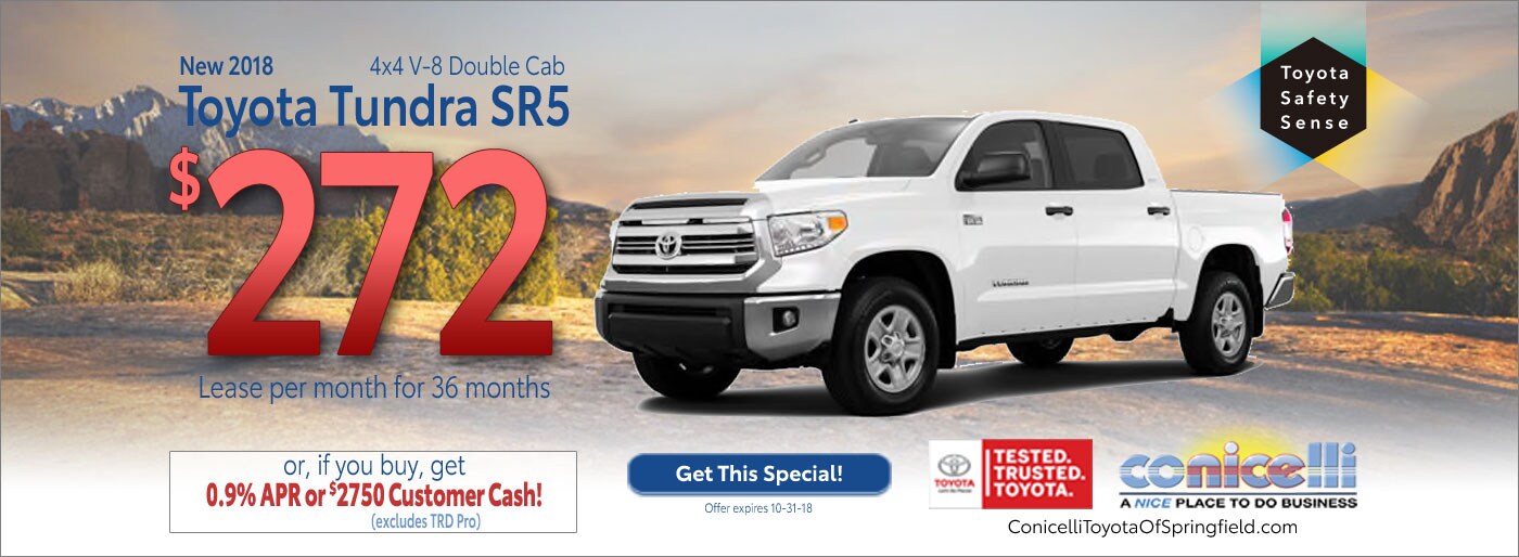 $272/mo. leases a New 2018 Toyota Tundra SR5 4x4 V-8 Double Cab at Conicelli Toyota of Springfield. Call 1-877-740-4031.