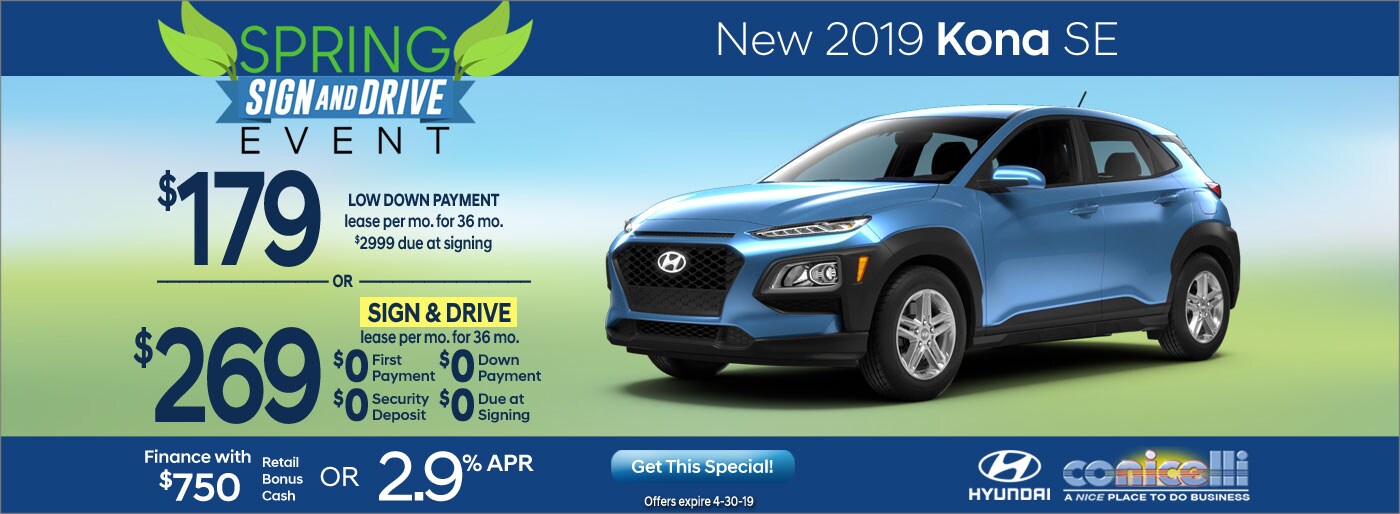$179/mo. or $269/mo. leases a New 2019 Hyundai Kona SE at Conicelli Hyundai in Conshohocken! Click or call 1-888-Conicelli...