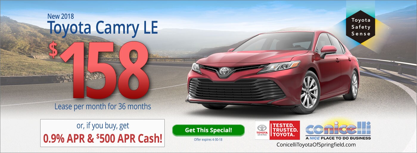 $158/mo. leases a New 2018 Toyota Camry LE at Conicelli Toyota of Springfield. Call 1-877-740-4031.