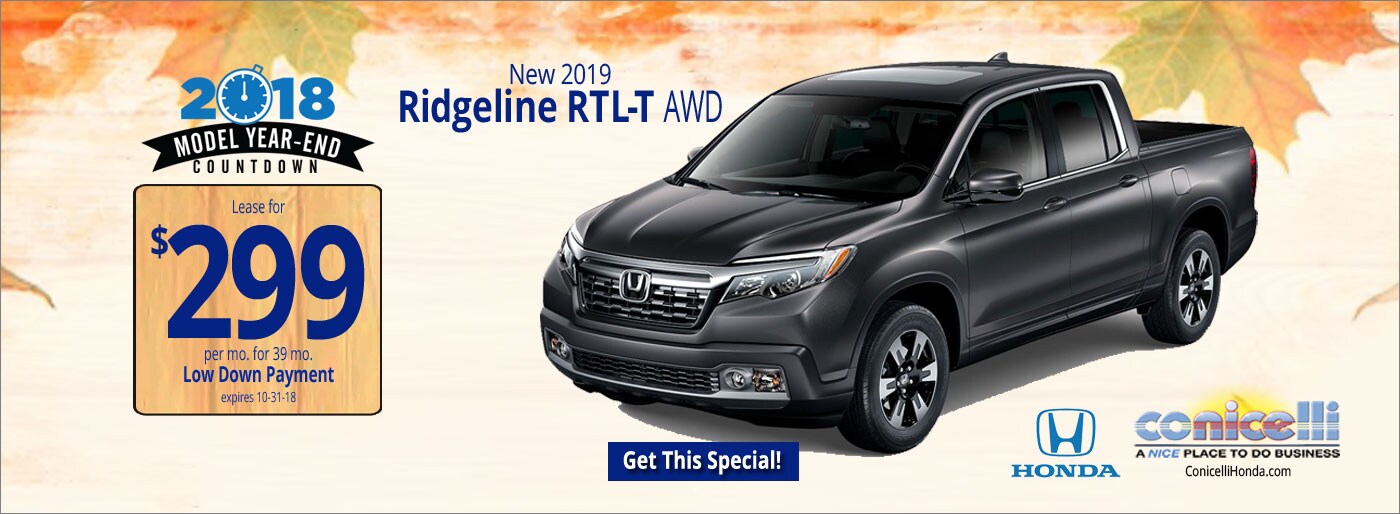 $299/mo. leases a New 2019 Honda Ridgeline RTL-T AWD at Conicelli Honda in Conshohocken! Click or call 1-888-Conicelli...