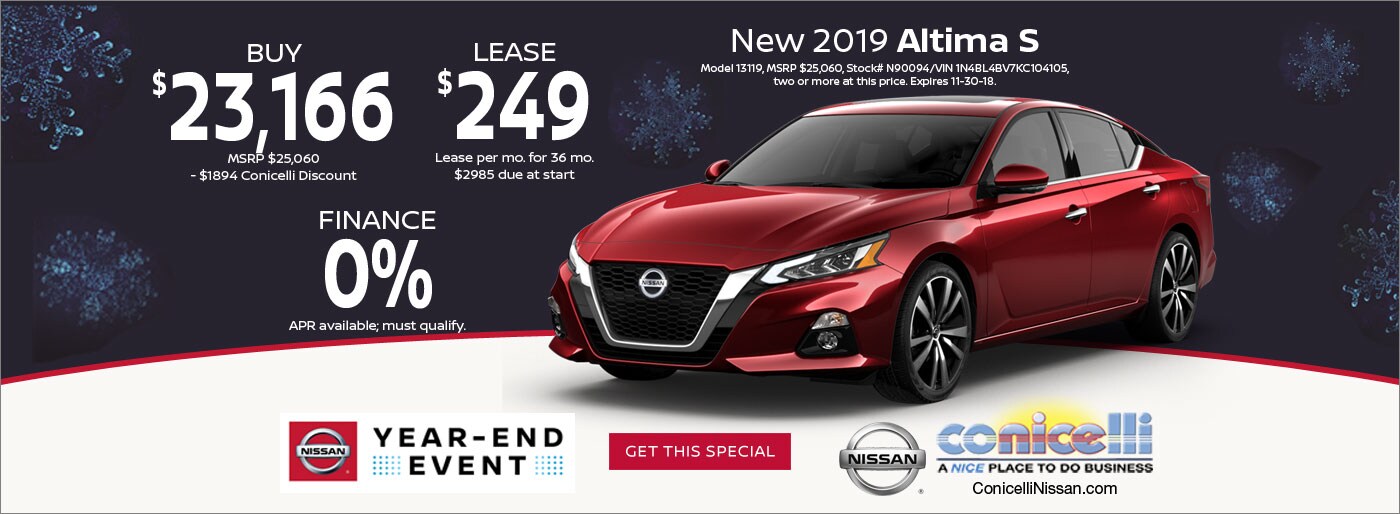 $249/mo. leases a New 2019 Altima S at Conicelli Nissan. Click or call 1-888-Conicelli now!