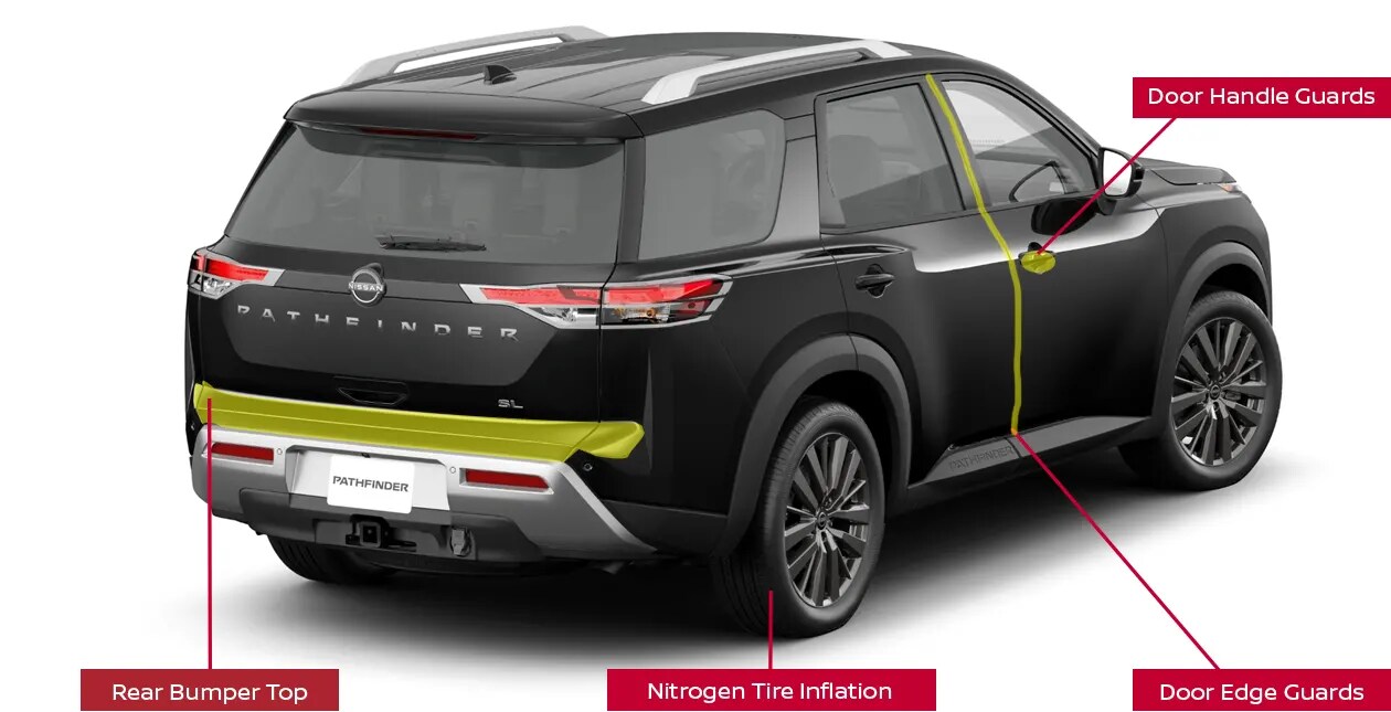 TommyCar Protection Package: Door Handle Guards, Door Edge Guards, Rear Bumper Top & Nitrogen Tire Inflation Pathfinder With Door Handle Guards, Door Edge Guards, Rear Bumper Top & Nitrogen Tire Inflation Protections shown