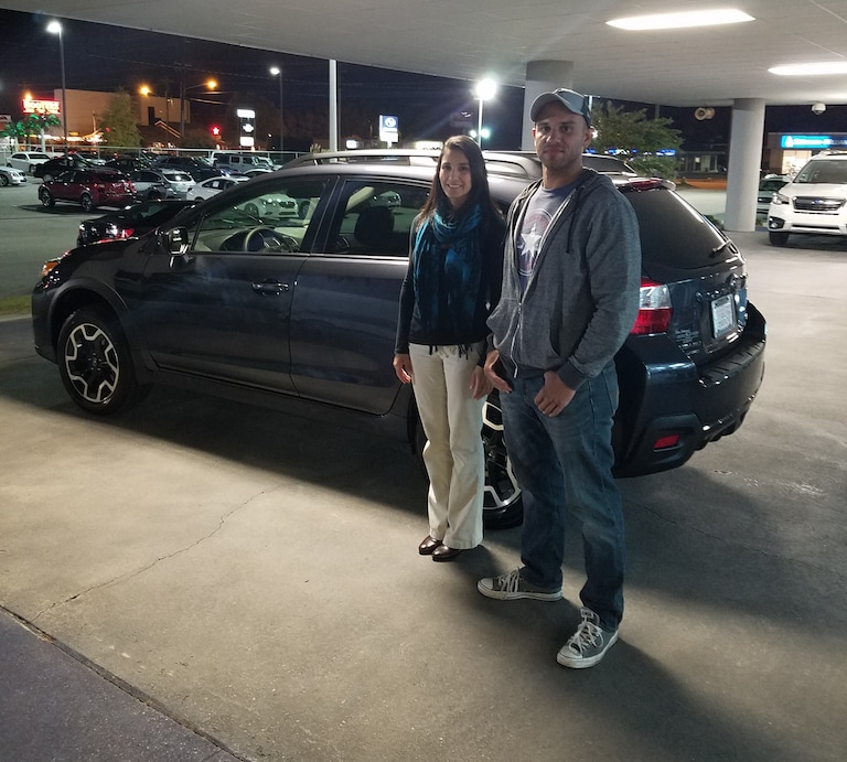 Michael Glaspie with Sales Advisor, Leidy Rhines, and his first Subaru! - A new Crosstrek in Dark Gray Metallic with a manual transmission!.jpg
