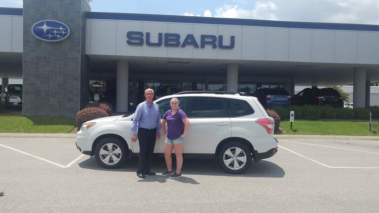 Mrs Rolison with Myc in front of her CPO 2016 Forester.jpg