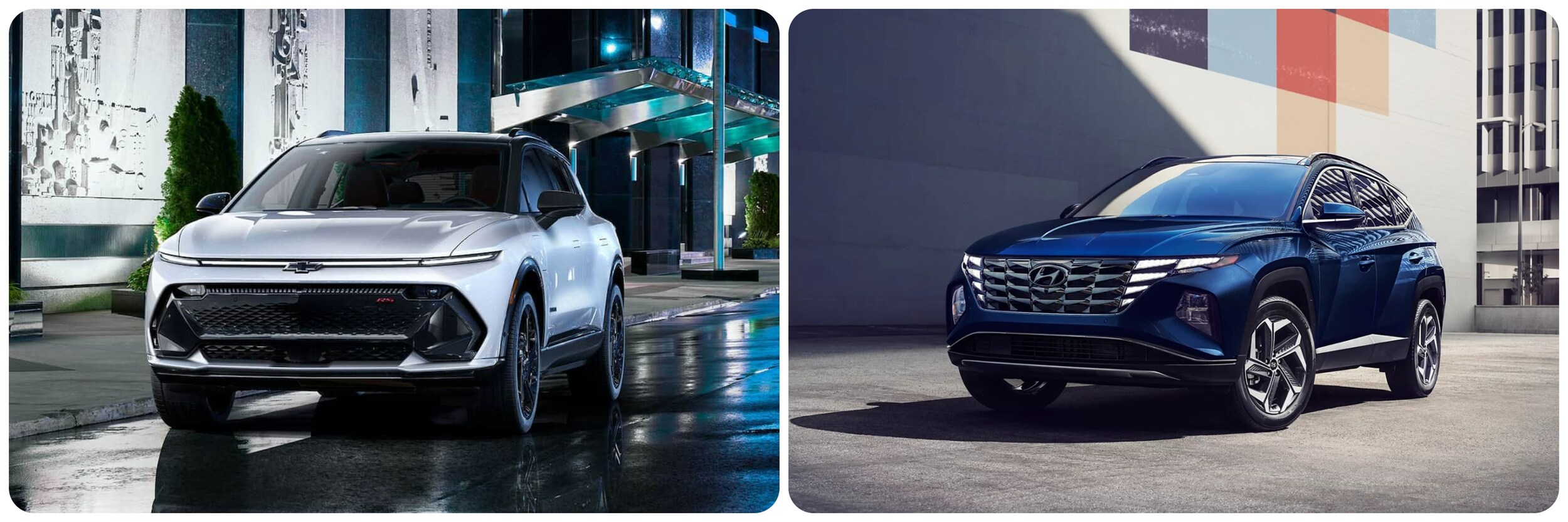2023-chevy-equinox-vs-hyundai-tucson-2.jpg On the left a 2023 Chevy Equinox and on the right a 2023 Hyundai Tucson