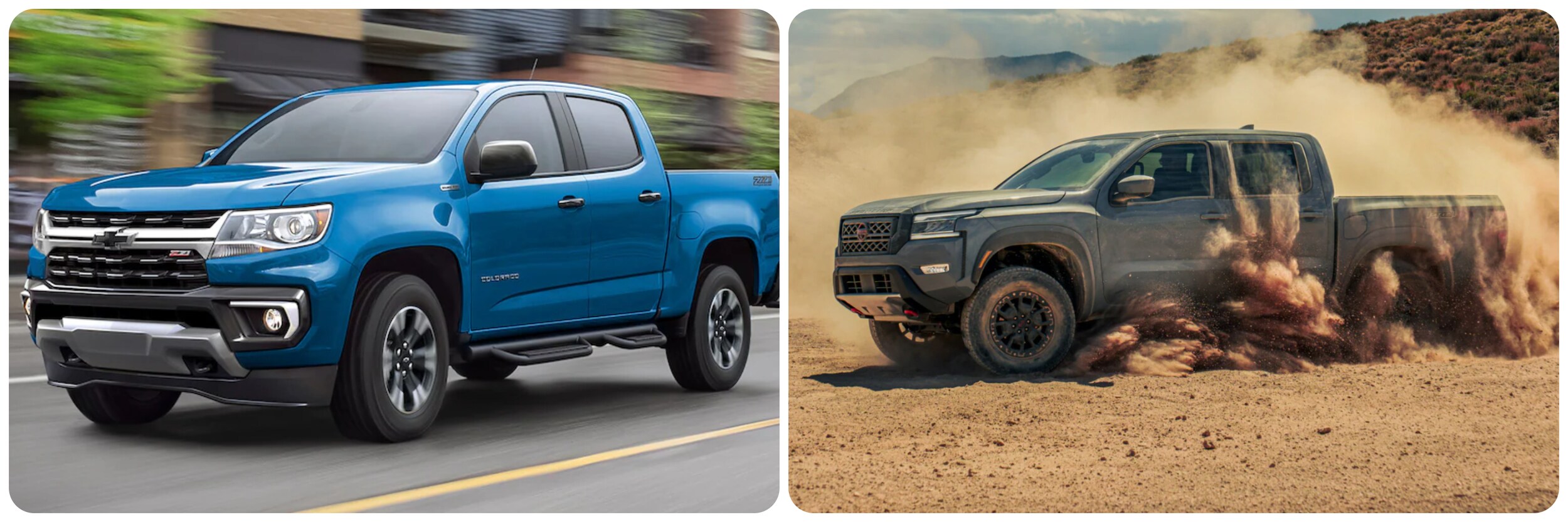 2023-chevy-colorado-vs-nissan-frontier-1.jpg On the left, a profile view of a blue 2023 Chevy Colorado driving on a city street, on the right a gray 2023 Nissan Frontier kicks up dust while off-roading