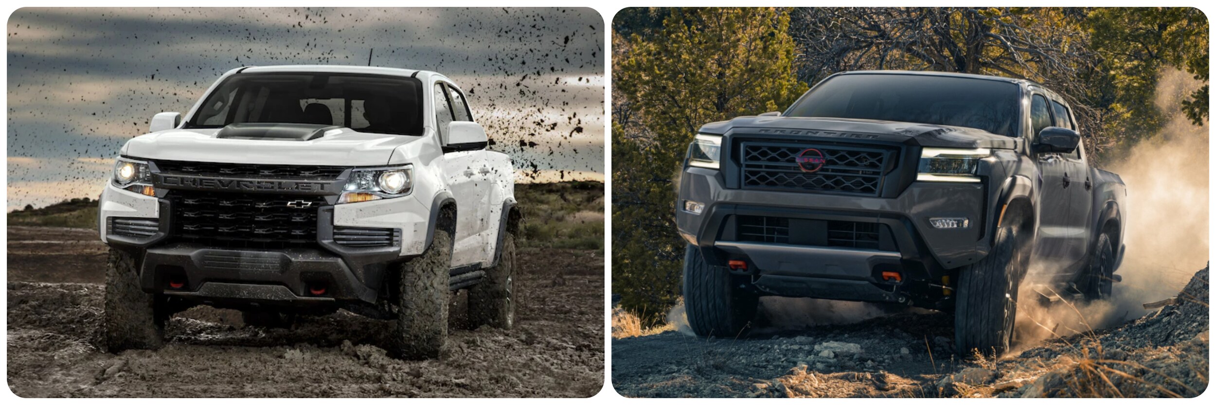 2023-chevy-colorado-vs-nissan-frontier-2.jpg On the left a white 2023 Chevy Colorado spraying mud in its wake as it drives through a field, on the right a gray 2023 Nissan Frontier blows up dust