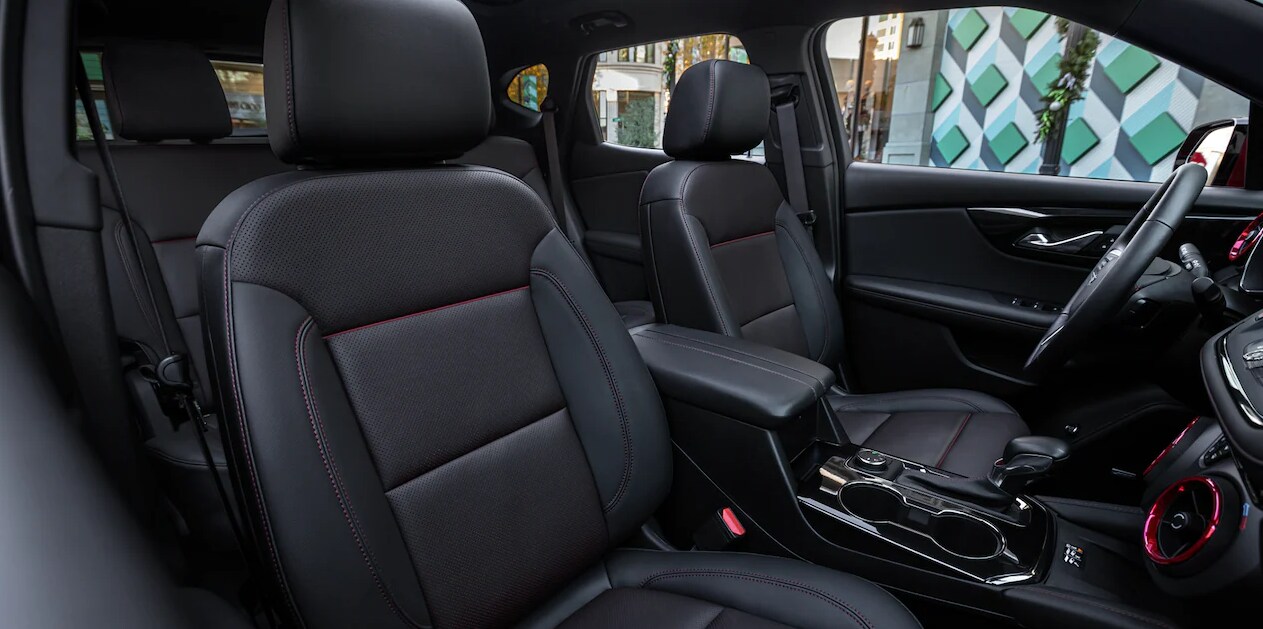 2023-chevy-blazer-5.PNG A view of the cabin and black leather upholstered seating of a 2023 Chevy Blazer