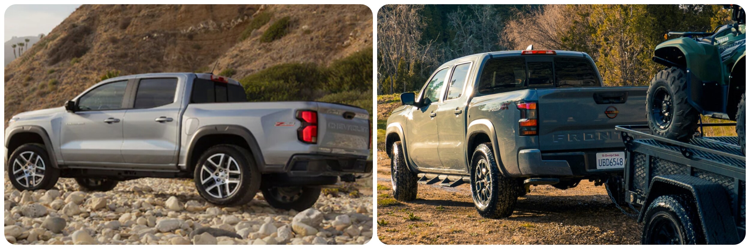 2023-chevy-colorado-vs-nissan-frontier-4.jpg On the left a view of the back of a light gray 2023 Chevy Colorado, on the right a view of the back of a dark gray 2023 Nissan Frontier hauling dirtbikes