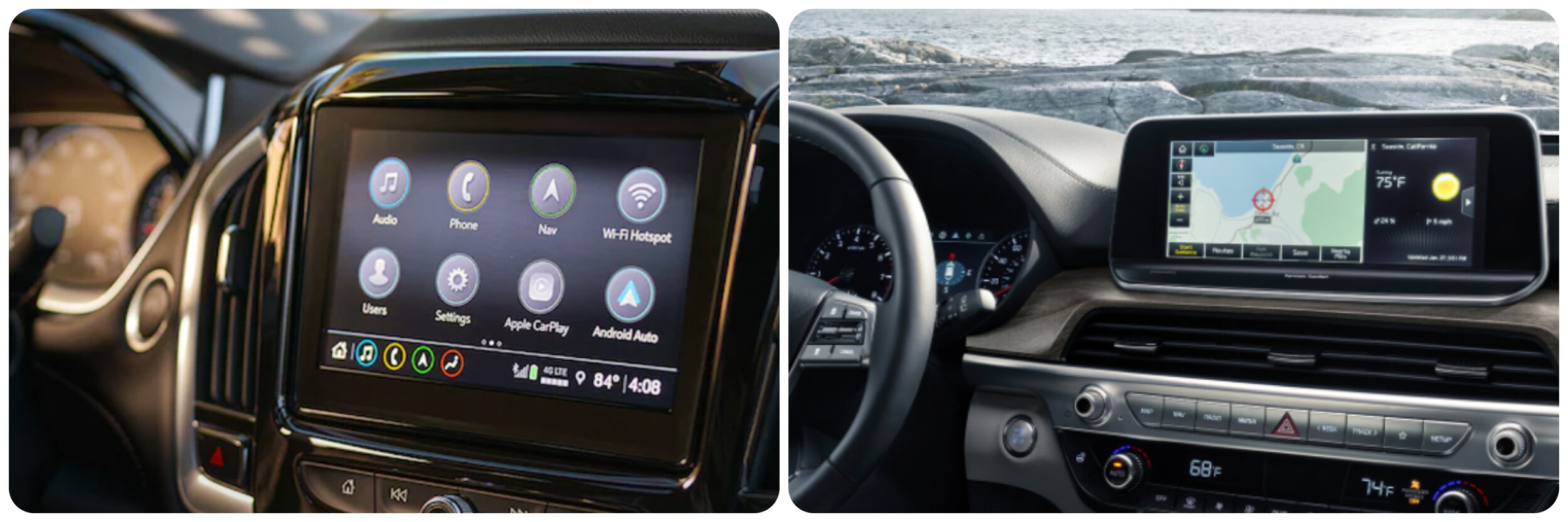 2022-Chevy-Traverse-Vs-Kia-Telluride-3.jpg On the left a close up of the infotainment screen for the 2022 Chevy Traverse mounted in the dash. On the right a close up of the infotainment screen on a 2022 Kia Telluride mounted to the top of the dash.
