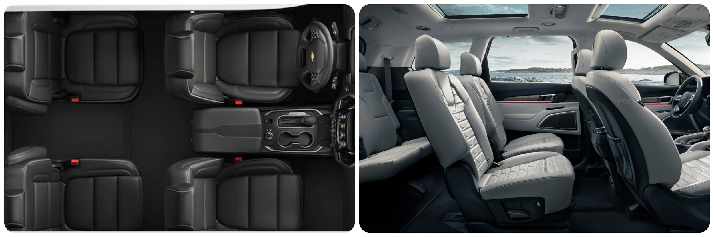 2022-Chevy-Traverse-Vs-Kia-Telluride-2.jpg On the left a top view of the seating and all gray interior of a 2022 Chevy Traverse. On the right, a side view of the cabin of a 2022 Kia Telluride trimmed in dark and light gray