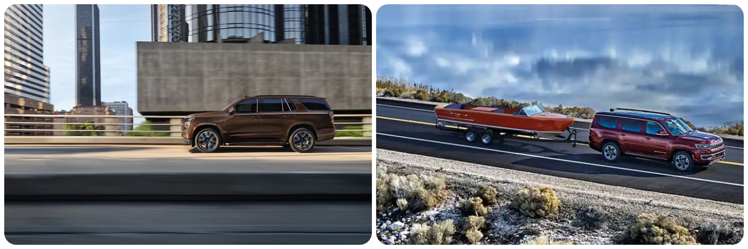 2022-Chevy-Tahoe-Vs-2022-Jeep-Wagoneer-3.jpg On the left a brown 2022 Chevy Tahoe drives down a city street affording the viewer a full profile view of the vehicle. On the right, a 2022 Jeep Wagoneer tows a boat down a road.