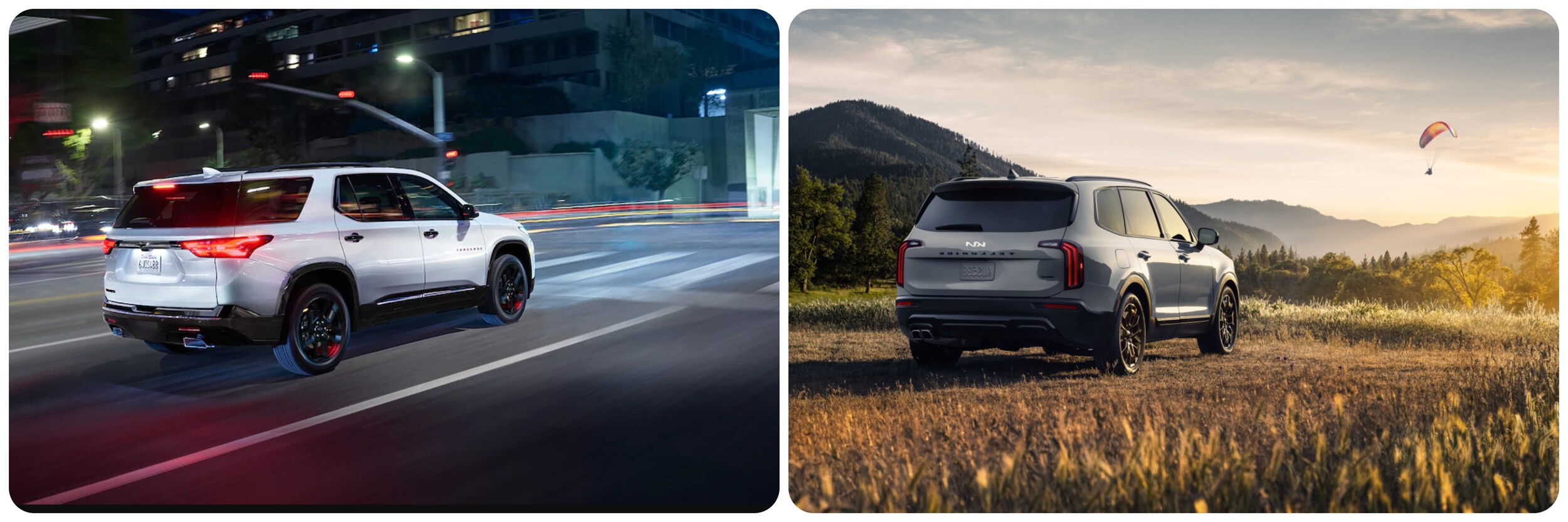 2022-Chevy-Traverse-Vs-Kia-Telluride-4.jpg On the left a white 2022 Chevy Traverse speeds down a city street. On the right a gray 2022 Kia Telluride sits parked facing away from the viewer in a field as the sun sets and a parachute floats towards the earth in the distance
