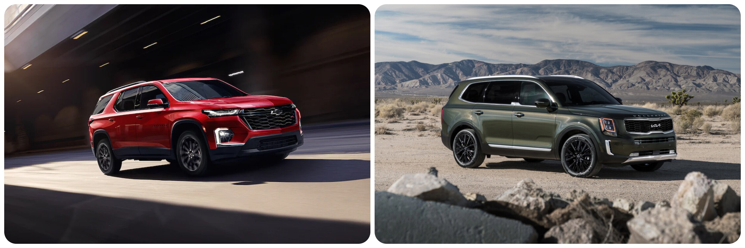 2022-Chevy-Traverse-Vs-Kia-Telluride-1.jpg On the left a red 2022 Chevy Traverse speeds down a city street. On the right, a gree 2022 Kia Telluride sits parked in a desert field with mountains in the background