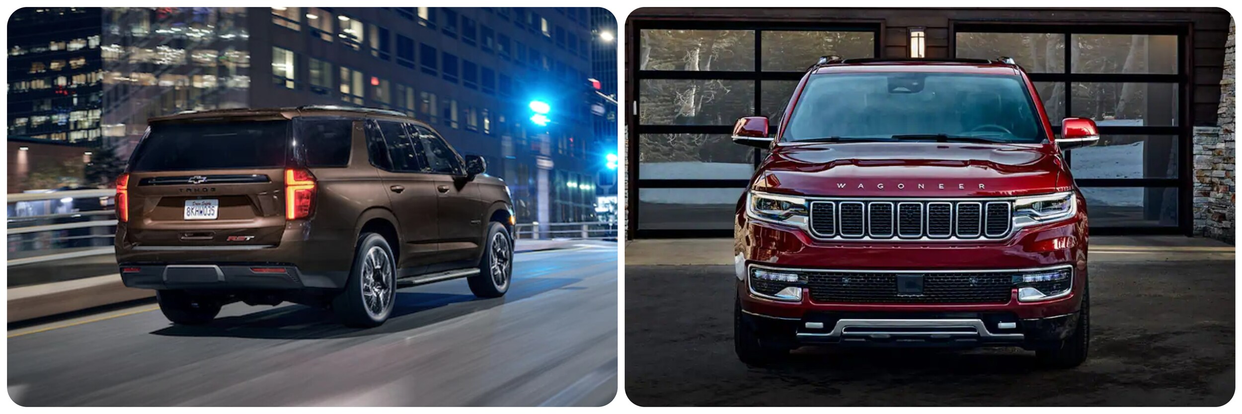 2022-Chevy-Tahoe-Vs-2022-Jeep-Wagoneer-4.jpg On the left a brown 2022 Chevy Tahoe drives away from the viewer at night. On the right a front view of the 2022 Jeep Wagoneer in red with a chrome grille
