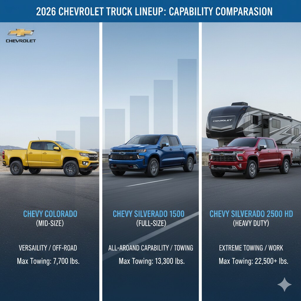 Chart showing power and towing comparison between Chevrolet truck models