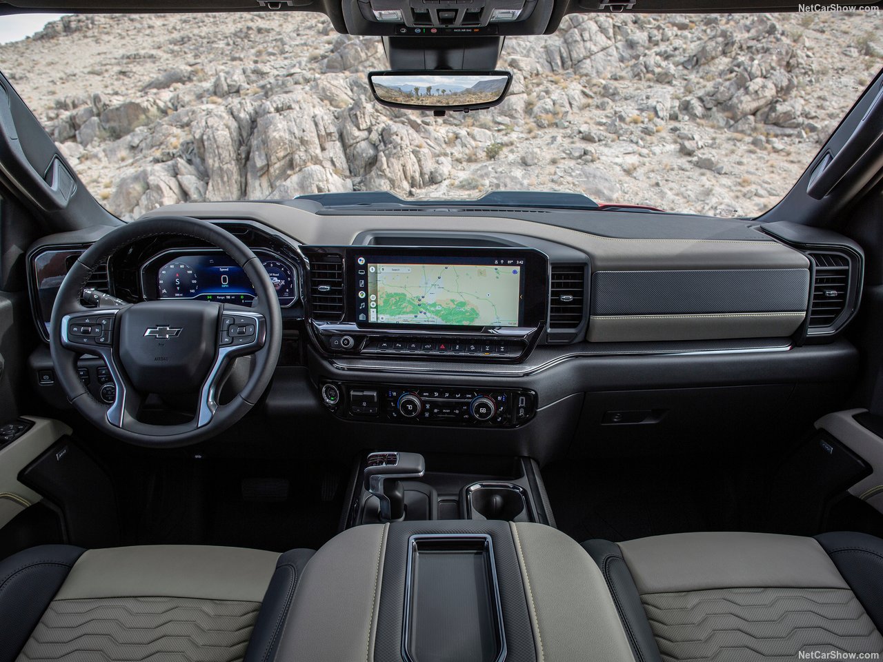 Modern, spacious interior of the 2026 Chevrolet Silverado with large touchscreen