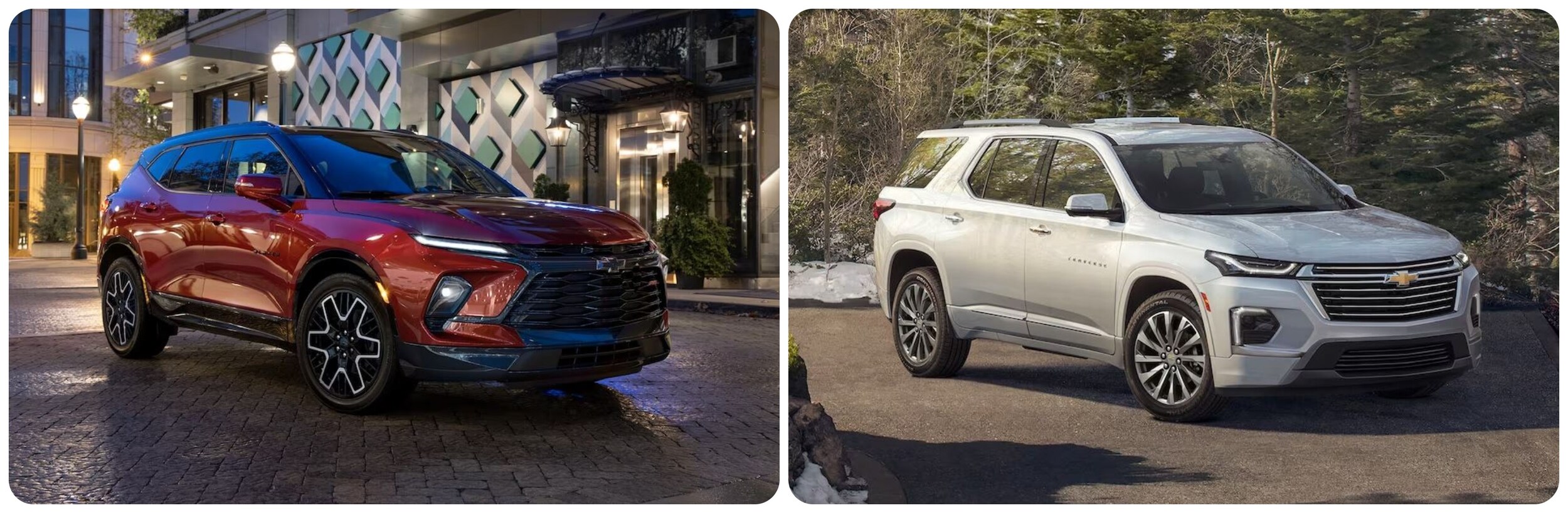 Best Chevrolet SUVs for Colorado Winters.jpg Side view of the Chevy Blazer next to the Chevy Traverse.