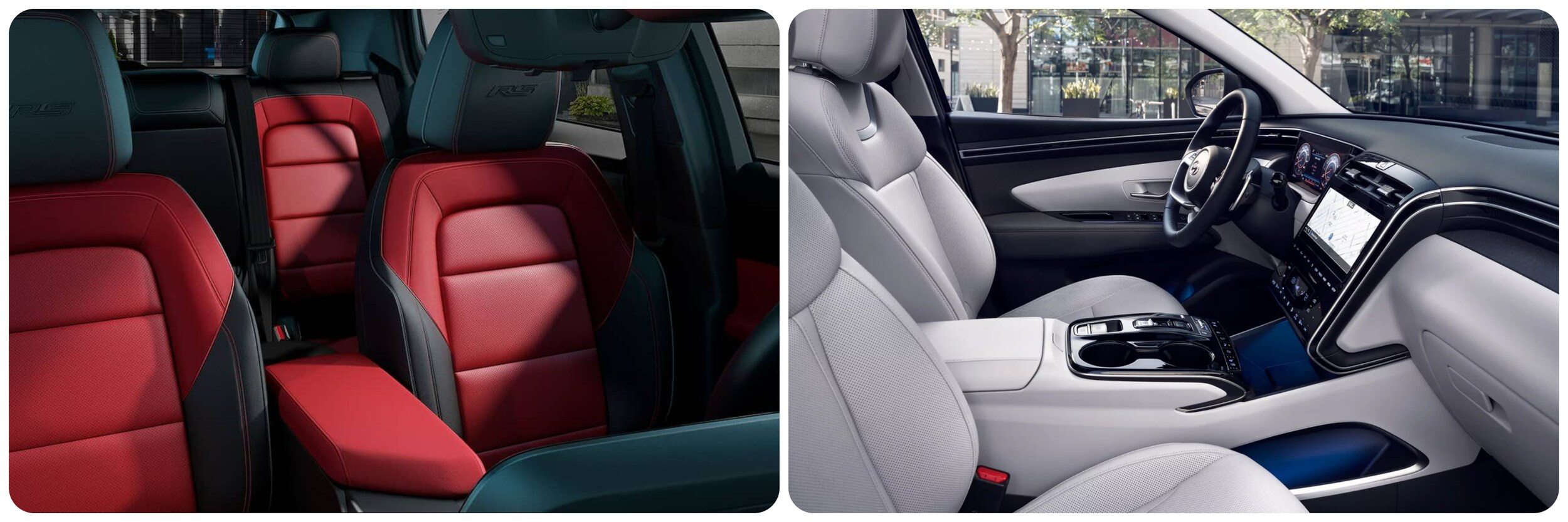 2023-chevy-equinox-vs-hyundai-tucson-4.jpg On the left a view of the interior of a 2023 Chevy Equinox and on the right a view of the interior of a 2023 Hyundai Tucson