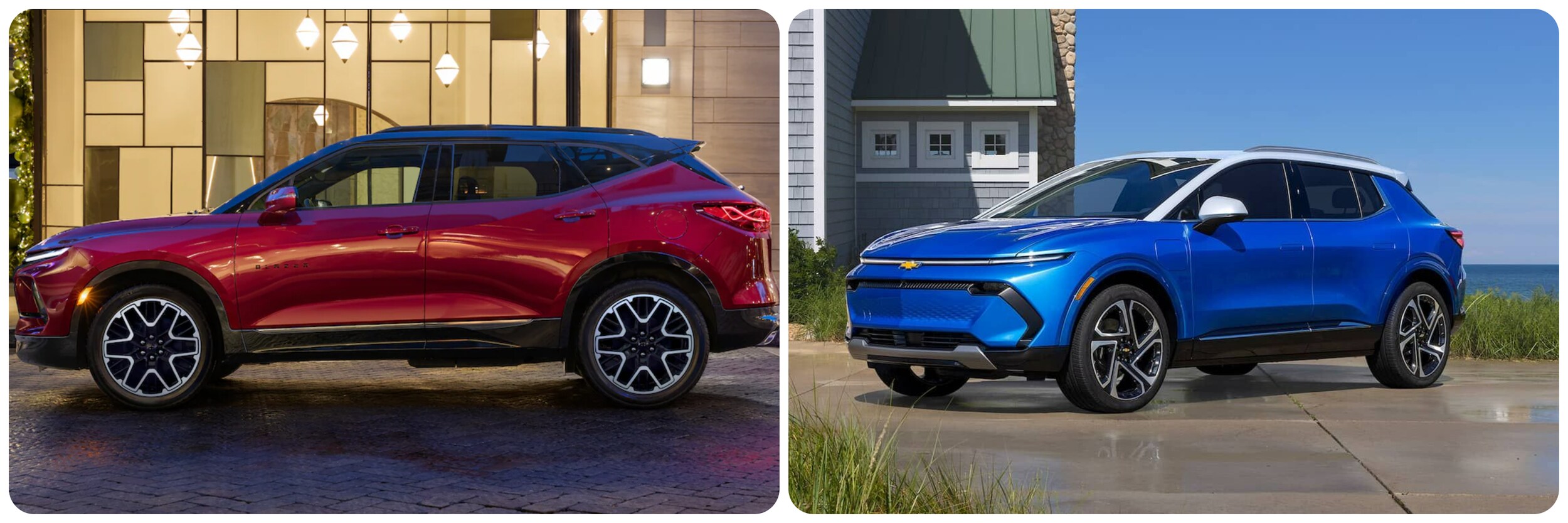 2023-chevy-blazer-vs-equinox-ev-2.jpg On the left a red 2023 Chevy Blazer in profile view, on the right a blue 2023 Chevy Equinox in profile view