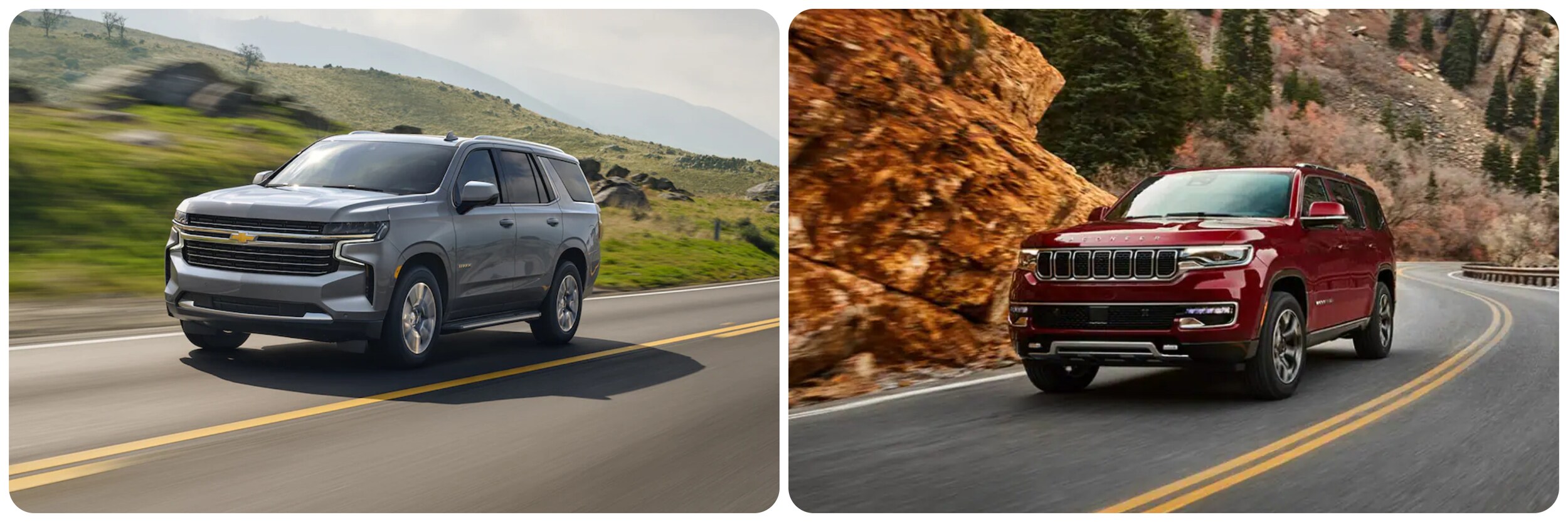 2022-Chevy-Tahoe-Vs-2022-Jeep-Wagoneer-1.jpg On the left a gray 2022 Chevy Tahoe drives down a country road through a field and on the right a red 2022 Jeep Wagoneer takes a turn on a mountain road