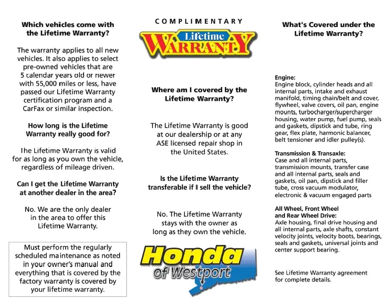 Honda of Westport Used cars Lifetime Warranty