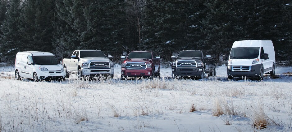 Schedule Service at Dan's Jeep The Ram Model lineup parked in snow